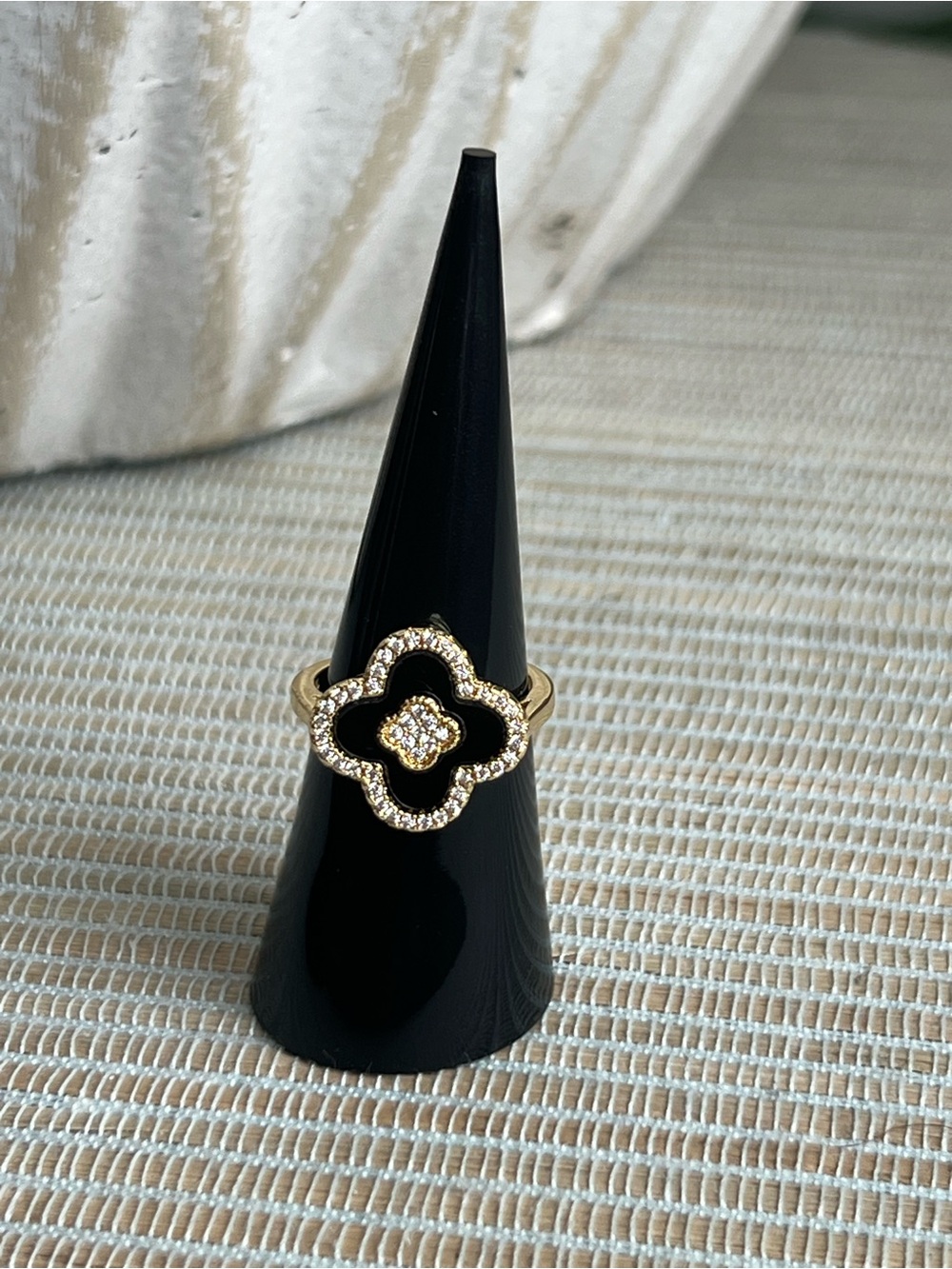 Adjustable Gold and Black Clover Pave Ring